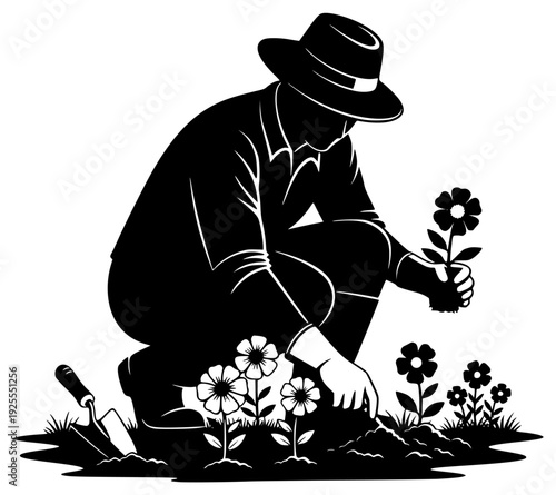 field of flowers, holding a plant, black, fedora, floor, flower, garden, gardener, hat, illustration, job, land, man, plant, profile, shovel, squat, sun hat, tool, weed, against transparent background