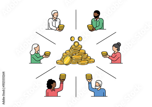 Diverse group of people contributing to a central pile of golden coins representing shared wealth and community funding concepts for business growth