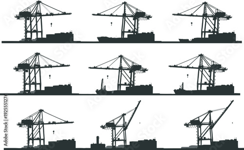 Black vector illustration set of industrial port gantry cranes loading cargo containers onto merchant ships for international maritime trade and global logistics