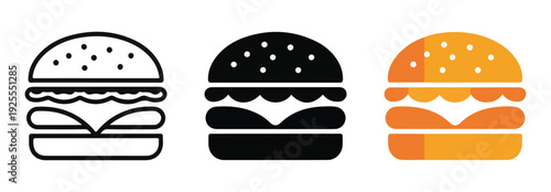 Three hamburger icons outline solid black and orange colorized showing different layers and ingredients
