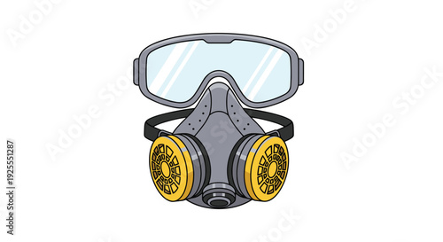A grey industrial respirator mask with two yellow filters and attached safety goggles is centered against a plain white background.