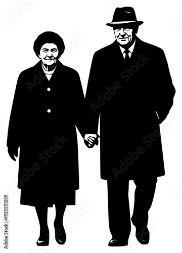  white silhouette of an elderly couple holding hands, black, cane, catch, coat, couple, dress, hand, hat, illustration, man, person, profile, sun hat, walk, wear, woman, against transparent background