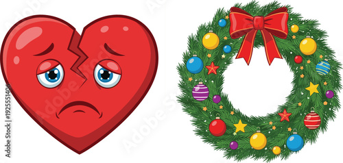 Illustration of a Broken Heart and Christmas Wreath for Holiday, Emotions, and Seasonal Design Themes