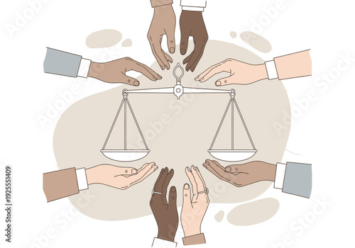 Diverse Hands Reach Towards Balance Scales Symbolizing Fairness Equality and Justice In A Collaborative Effort Towards Equitable Outcomes