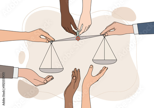 Diverse Hands Cooperate Balancing Justice Scale Symbolizing Fairness Equality and Legal Equity Among People Representing Decision Making and Social