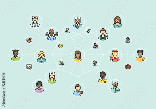Diverse professional network connecting people in various careers with digital communication links across a light blue background representing