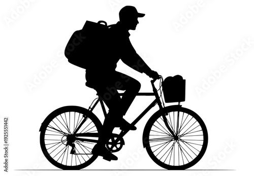  of a delivery man riding a bicycle with a city skyline in the background, backpack, bicycle, biker, briefcase, city, city skyline, city view, man, profile, ride, urban, against transparent background