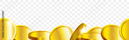 Gold coins seamless border. Vector 3D background.