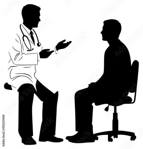 tor and a patient engaged in a conversation, chair, conversation, doctor, illustration, man, office chair, patient, profile, sit, stethoscope, stool, swivel chair, talk, against transparent background