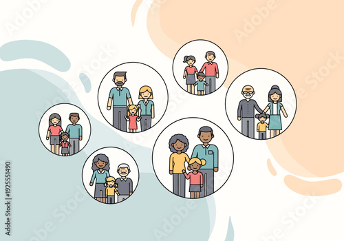 Diverse Group Representations Showing Various Family Units Connected Through Shared Circles Illustrating Community Support and Belonging Concept