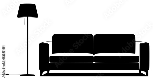 A black and white silhouette of a sofa and a floor lamp, armchair, black, couch, furniture, illustration, lamp, pillow, profile, table lamp, wall lamp, against transparent background