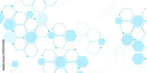Molecular structure abstract tech background. Geometric blue background. Vector banner design with hexagons. Science network pattern, connecting lines and dots Medical background, Vector illustration	