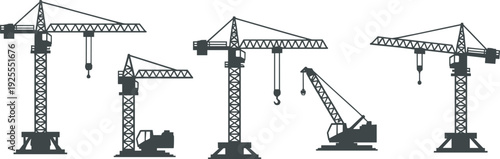 Black vector illustration set of industrial tower cranes and mobile hydraulic cranes for building construction site engineering and heavy machinery projects
