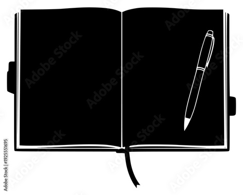 An open book with a pen resting on top of it, black, blanket, book, icon, illustration, journal, notebook, notepad, open, pen, pencil, against transparent background