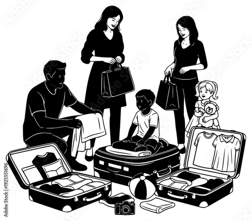 A black and white illustration of a group of people packing their luggage, family, floor, illustration, luggage, man, open, person, shopping bag, stand, woman, against transparent background
