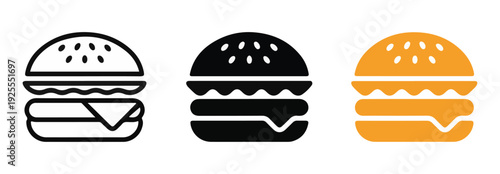 Three hamburger icons outline solid black and yellow colorized showing different layers and ingredients