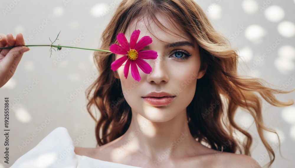 Naklejka premium Woman holds flower in front of face in a light setting with shadow patterns on her skin