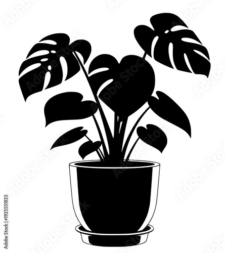 A black and white silhouette of a potted plant with large leaves, black, fill, flower, houseplant, plant, pot, profile, vase, white, window, window sill, against transparent background