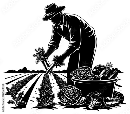 ner, handcart, harvest, hoe, illustration, job, land, lettuce, man, pitchfork, plant, plow, profile, rake, shovel, straw hat, sun hat, tool, vegetable, vegetable garden, against transparent background