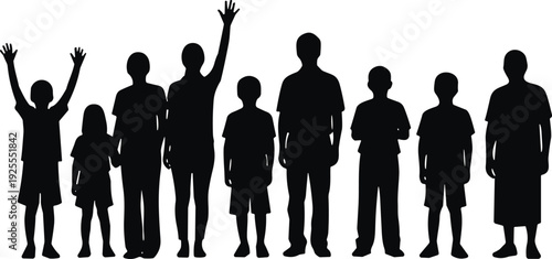 Children silhouette group standing together, boys and girls raising hands isolated on white background black vector illustration