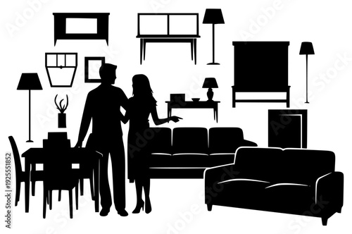  setting, interacting with each other, armchair, black, couch, couple, dinning table, illustration, lamp, living room, man, person, picture frame, profile, stand, woman, against transparent background
