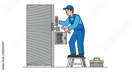 An electrician in a blue uniform stands on a step stool to repair an open electrical panel on a grey corrugated door.