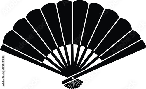Black silhouette of an open folding fan with white background