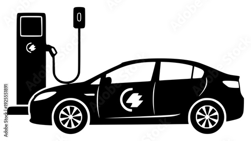 A black and white silhouette of an electric car at a charging station, battery, black, car, charge, charger, connect, gas station, icon, illustration, plug, pump, against transparent background