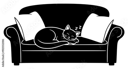 A black and white illustration of a cat sleeping on a couch, armchair, black, cat, chair, couch, curl, illustration, lay, pad, pillow, profile, sleep, white, against transparent background