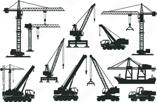 Black vector illustration set of industrial tower cranes mobile hydraulic truck cranes and a cargo ship for construction engineering and maritime logistics