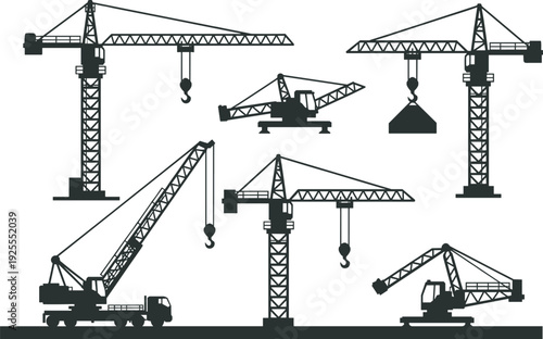 Black vector illustration set of industrial tower cranes mobile hydraulic truck cranes and crawler cranes for building construction site engineering and lifting projects