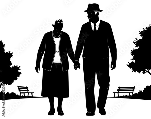  an elderly couple holding hands in a park setting, black, cane, catch, couple, hand, illustration, man, park, park bench, person, profile, stroll, sun hat, walk, woman, against transparent background