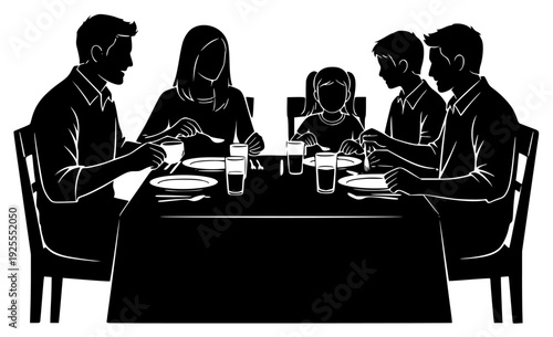  people sitting around a dining table, enjoying a meal together, black, child, dinner, dinning table, eat, family, food, illustration, meal, person, profile, sit, table, against transparent background