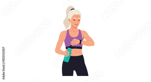An older woman with grey hair wearing a purple sports bra and black leggings checks her fitness tracker while holding a teal water bottle.