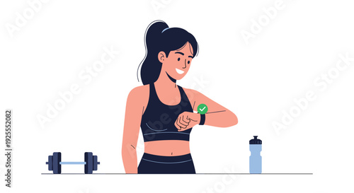 A young woman in black athletic wear checks her smartwatch displaying a green success icon while standing near a dumbbell and water bottle.