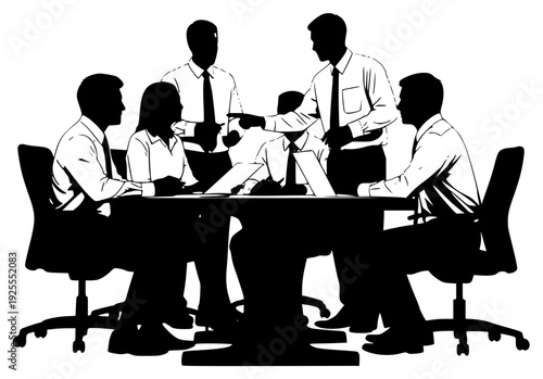 nd a conference table in a meeting, silhouetted against a , business team, businessman, illustration, man, meeting, office, person, round table, shake, sit, table, talk, against transparent background