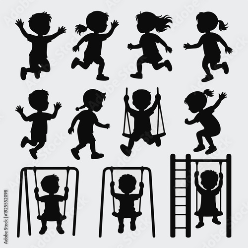 Silhouettes of Children Playing on Playground, Jumping, Running, and Swinging on Swing Set
