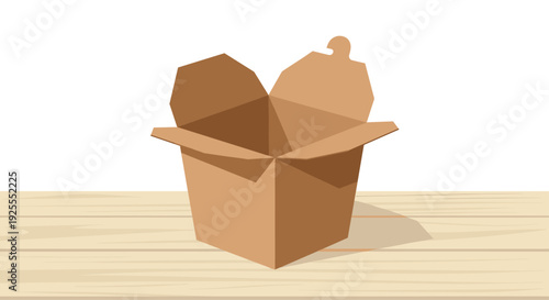 An empty open brown cardboard food container rests on a light wood grain tabletop against a solid white background in a flat vector style.