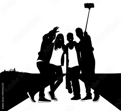 A group of four people taking a selfie with a selfie stick, silhouetted against a city skyline, catch, man, person, profile, stand, woman, against transparent background