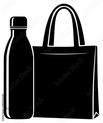 tte of a bottle and a shopping bag, bag, black, bottle, grocery bag, icon, illustration, jug, liquid, milk, package, paper bag, plastic, profile, shopping bag, tote bag, against transparent background