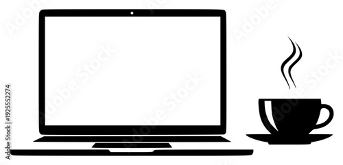 a cup of coffee, beverage, black, coffee, coffee cup, computer, computer monitor, computer screen, cup, hot, icon, illustration, laptop, mug, saucer, screen, sit, steam, against transparent background