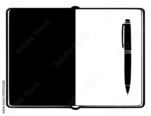 on of an open notebook with a pen on top, binder, black, blanket, clipboard, fountain pen, illustration, ink, journal, mark, notebook, notepad, open, pen, pencil, white, against transparent background