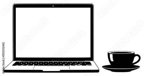 A laptop computer with a cup of coffee on a saucer, black, coffee, coffee cup, computer, cup, laptop, mug, open, saucer, sit, against transparent background