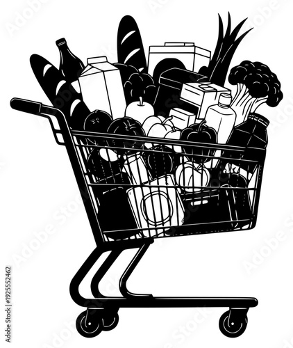f a shopping cart filled with groceries, black, bottle, cart, fill, food, fruit, illustration, market, milk, package, produce, shopping basket, shopping cart, vegetable, against transparent background