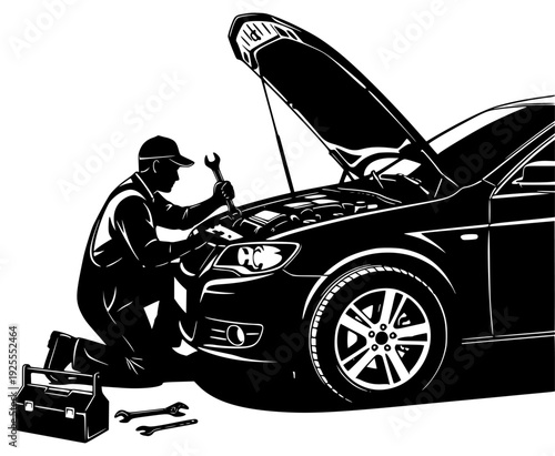 ng on a car with the hood open, auto mechanic, black, car, check, hood, illustration, job, man, mechanic, overall, repair, sports car, technician, tool, toolbox, wrench, against transparent background