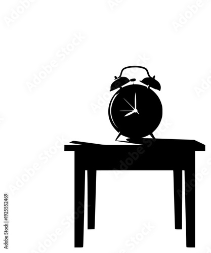 A black and white silhouette of an alarm clock sitting on a table, alarm clock, black, clock, footstall, nightstand, profile, side table, sit, stool, table, against transparent background