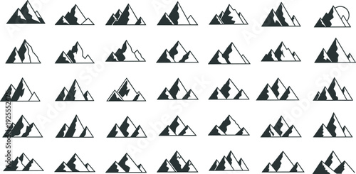 Black vector illustration set of minimalist mountain peak silhouettes with various snow capped ridges and rocky summits for outdoor adventure and nature designs