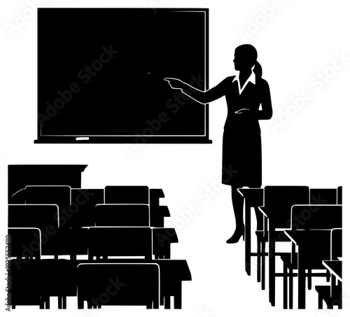 her standing in front of a blackboard in a classroom, black, blackboard, classroom, illustration, lesson, point, pointer, profile, stand, student, teach, teacher, woman, against transparent background