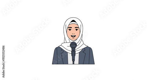 A woman wearing a white hijab and a grey professional blazer speaks directly into a microphone in a centered portrait against a white background.