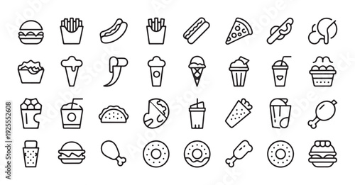 Collection of fast food icons including burger hot dog pizza fries and drinks